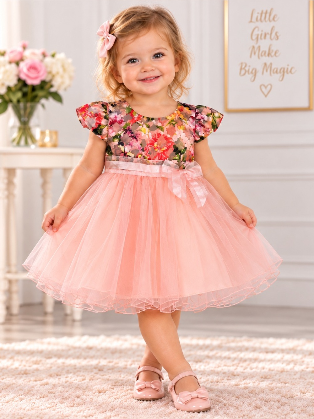 Beautiful Bonnie Baby girls size 12M pink floral special occasion dress